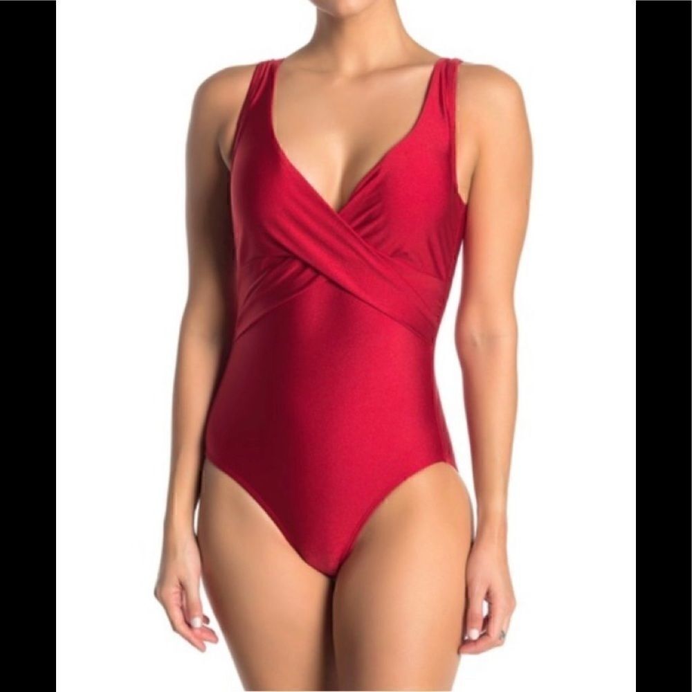 Tahari red v-neck swimsuit. Runs like a large. New.